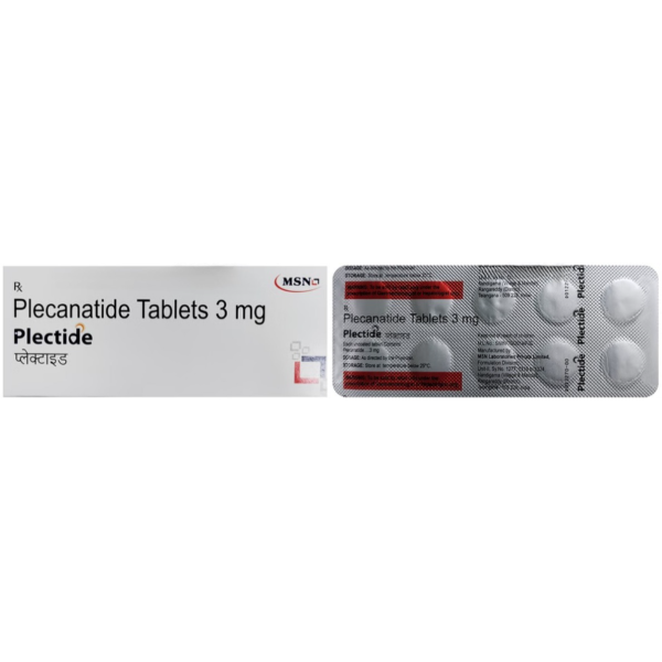 A box and strip of generic Plecanatide 3mg tablets