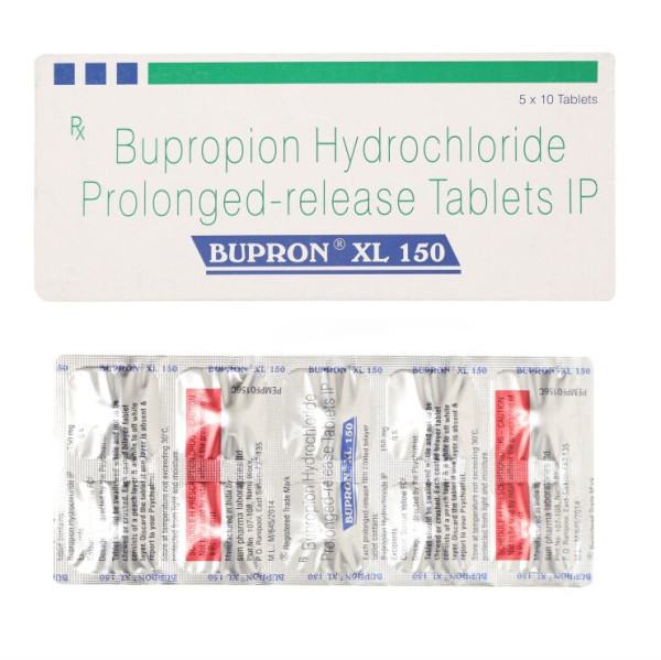 A box and a blister pack of generic Bupropion Hydrochloride Extended-Release 150mg tablet