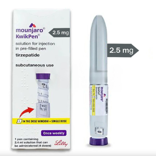 A box and a prefilled Kwikpen of Mounjaro 2.5mg