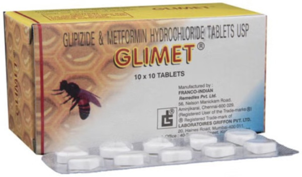 A box and a strip of Glipizide + Metformin Tabs