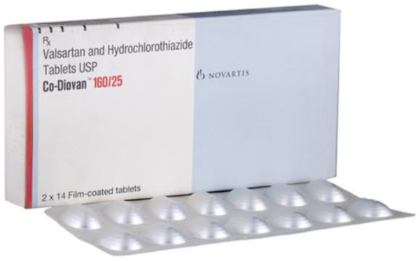 A box and a strip of Valsartan + Hydrochlorothiazide Pills 