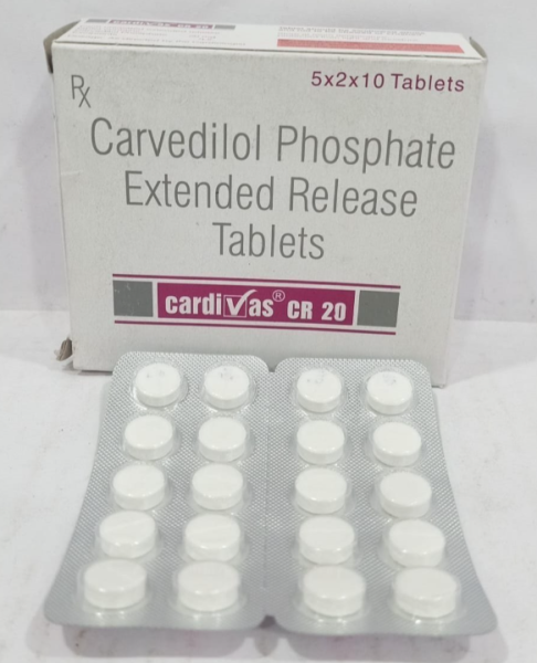 A pack and a strip of generic Coreg CR 20mg Tablets