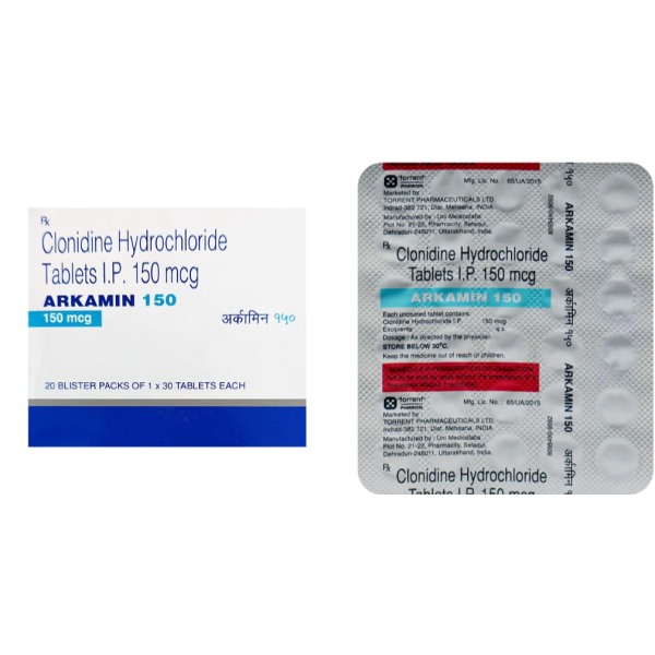 A pack and a strip of generic Catapres 150mcg Tablets
