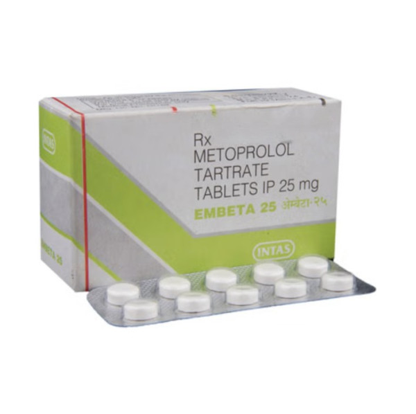 A box and a strip of Metoprolol Tartrate 25mg Tabs
