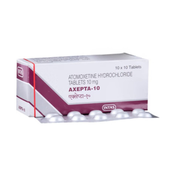 A pack and a strip of generic Atomoxetine 10mg Tablets