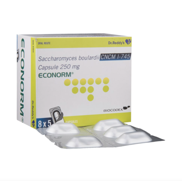 A box and a strip of 250mg Generic Florastor Capsule