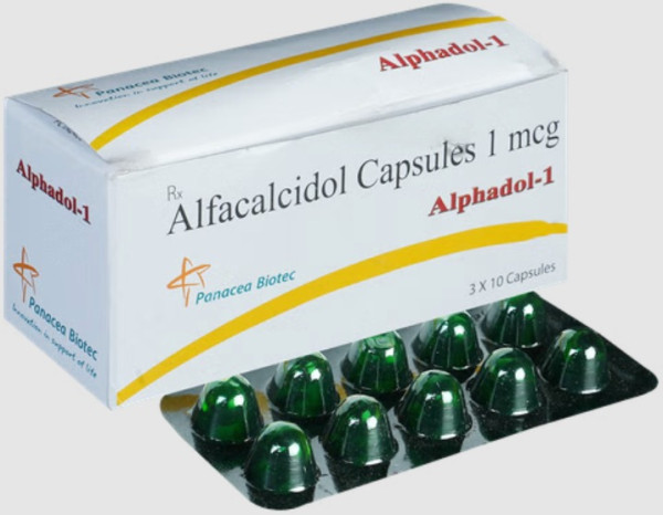 A box and a strip of Generic Alfacalcidol (1mcg) Capsule