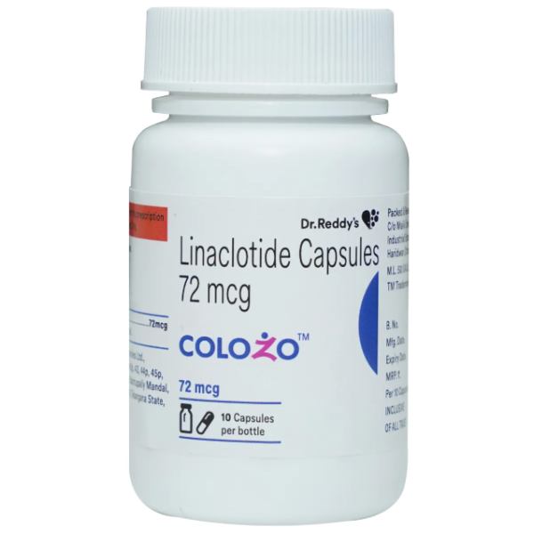 A bottle of Generic Linaclotide (72mcg) Capsule