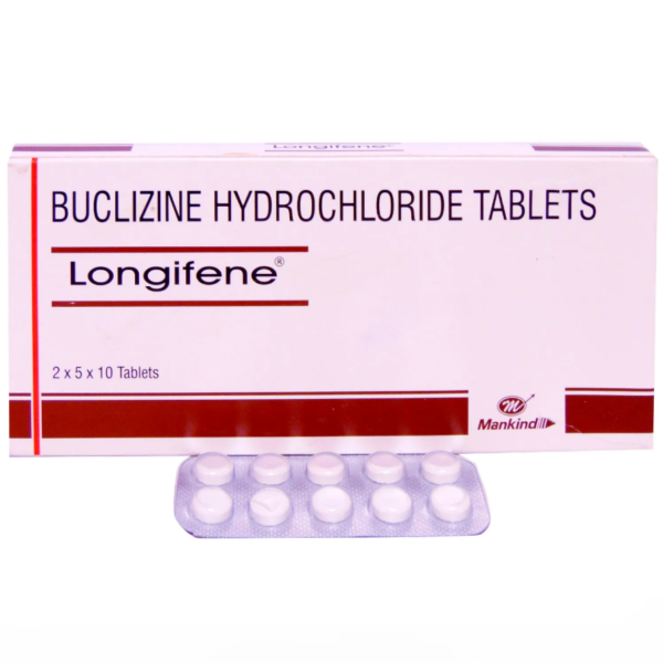 A box a and a strip of Generic Buclizine 25mg Generic Tablets