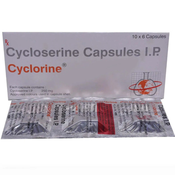 A pack and a strip of generic Cycloserine (250mg) Capsules