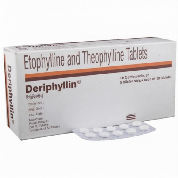 A box and a strip of Generic Etofylline (77mg) + Theophylline (23mg) Tablets