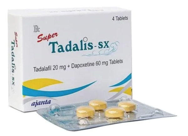 A box and a strip of Tadalafil 20mg + Dapoxetine 60mg Tablets