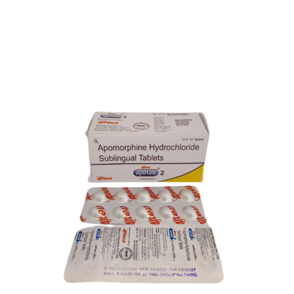 A box and two strips of Generic Apomorphine (2mg) Tablet