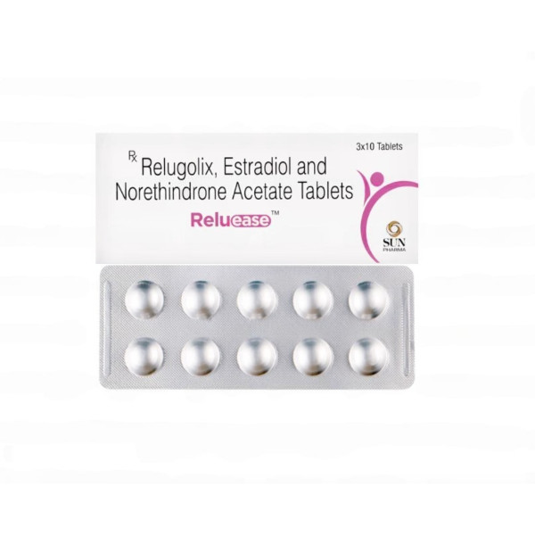 A pack and a strip of Generic Relugolix (40mg) + Estradiol (1mg) + Norethindrone (0.5mg) Tablet