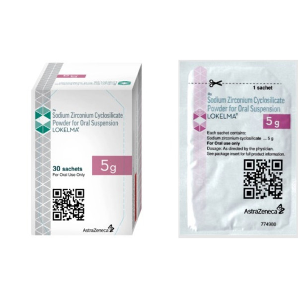 A box and a sachet of Lokelma (5gm) Powder