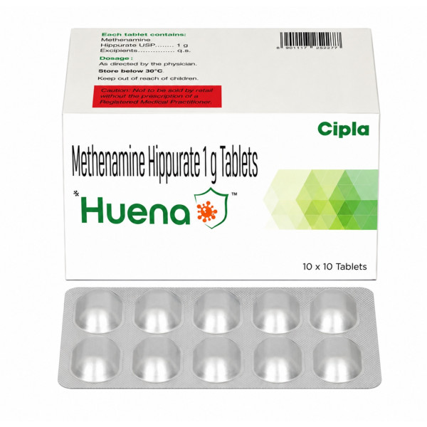 A box and a strip of Methenamine Hippurate (1gm) Generic Tablet