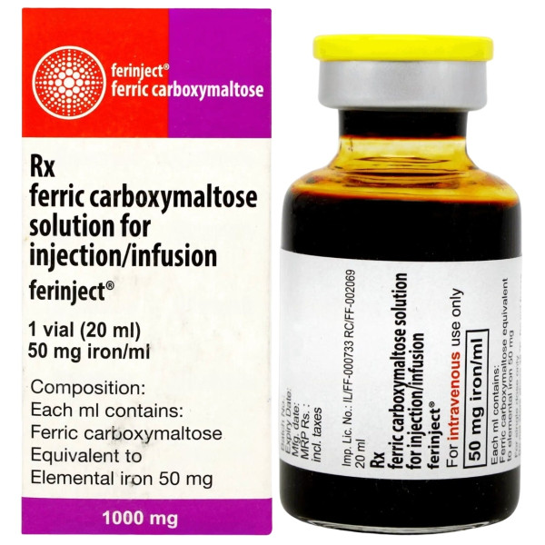 A box and a vial of generic Ferric Carboxymaltose (1000mg) Injection