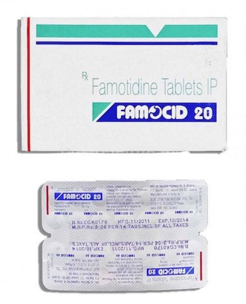 A box and a strip of generic Famotidine 20mg Tablet