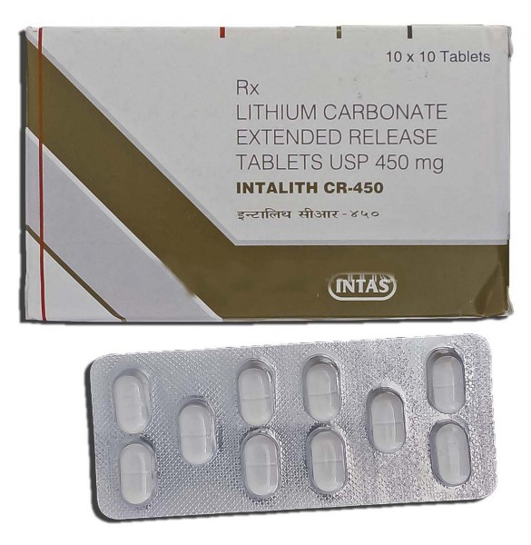 A box and a strip of generic Lithium 450mg Pills