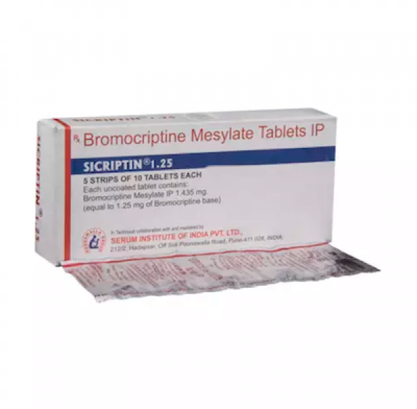 A box and a blister of generic Bromocriptine 1.25mg Pill