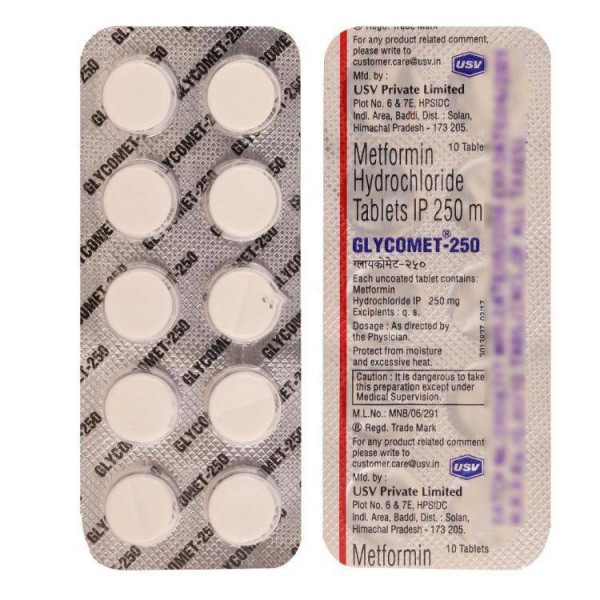 Front and backside of generic Metformin Hcl 250mg Pills