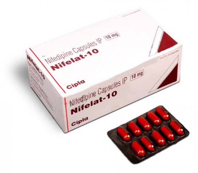 A box and a strip of Procardia Generic 10 mg Capsule - Nifedipine