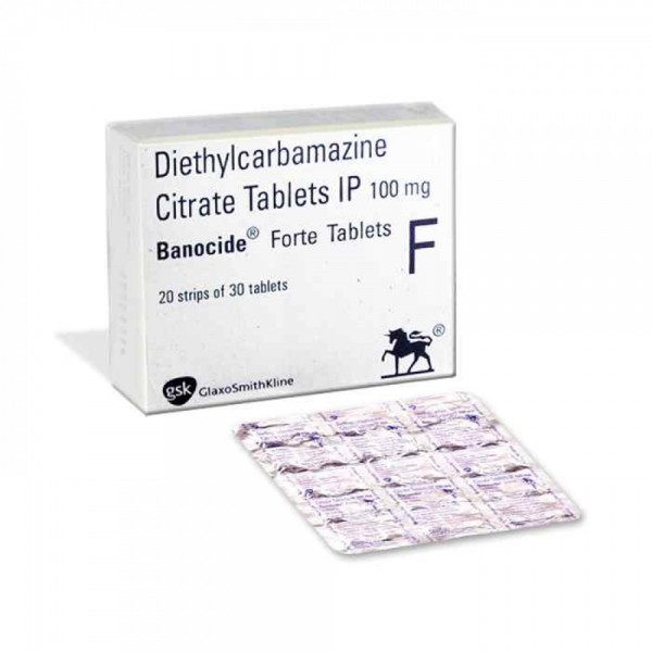 A box and a strip of Diethylcarbamazine Generic 100 mg Pill