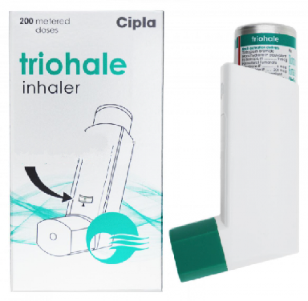 A box and a Ciclesonide (200mcg) + Formoterol (6mcg) + Tiotropium (9mcg) Inhaler