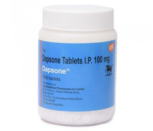 A bottle of Dapsone 100mg Pills