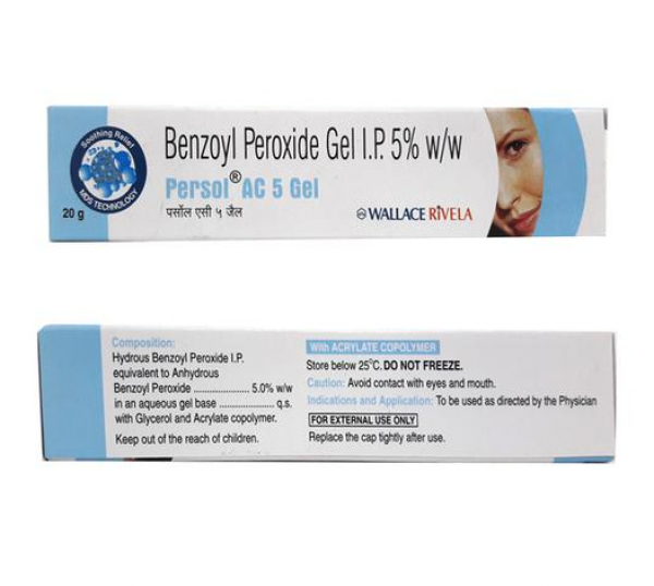 Front and back side of a box of Benzoyl Peroxide 5% Gel