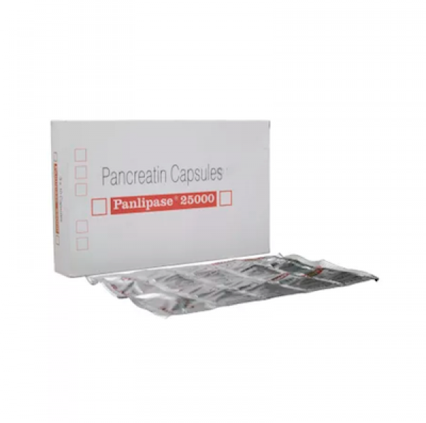 Box and a strip of Pancreatin Generic 25000 Capsule 