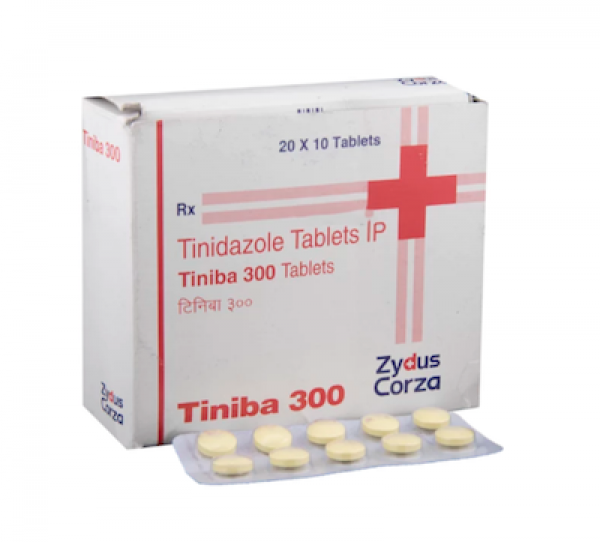 A box and a strip of Tinidazole Generic 300 mg Pill