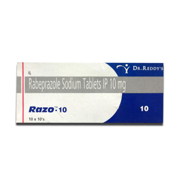 Box of generic Rabeprazole Sodium 10mg tablets