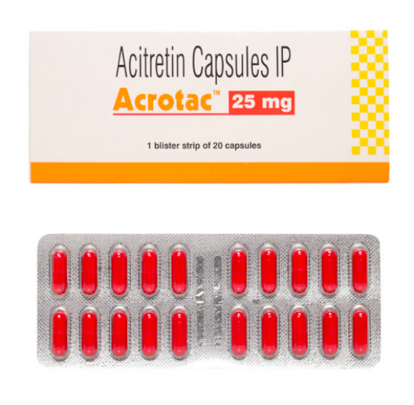 A box and a strip of Acitretin 25mg Capsule