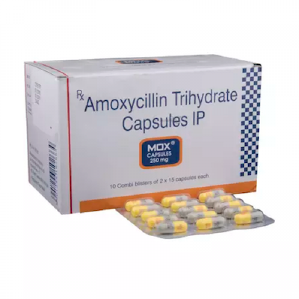 Box and Blister of generic amoxicillin 250mg capsule