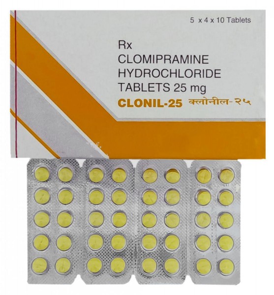 A box and few strips of Clomipramine 25mg Pills