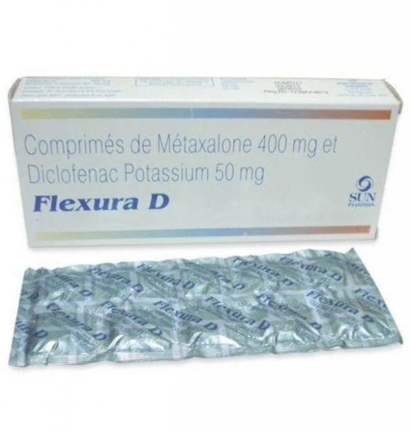 A box and strip of Diclofenac (50mg) + Metaxalone (400mg) Tablet