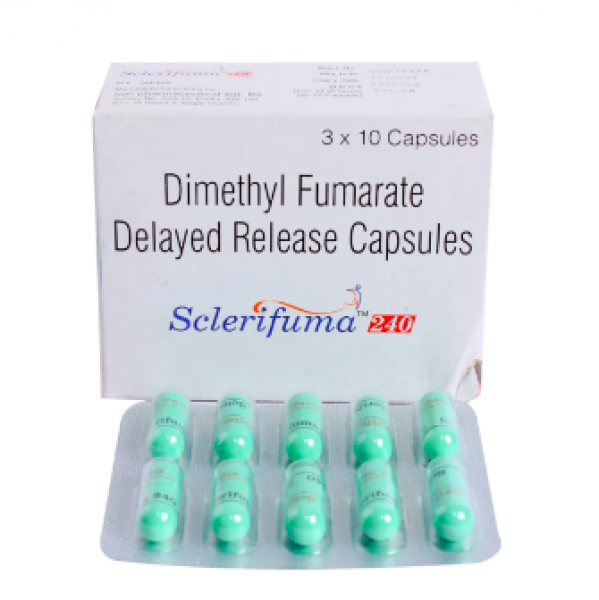 A box and strip of Dimethyl Fumarate (240mg) Capsules