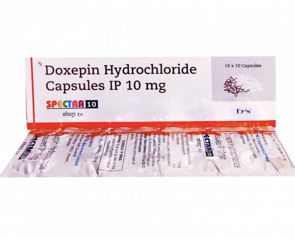 A box and a strip of Doxepin (10mg) Capsule