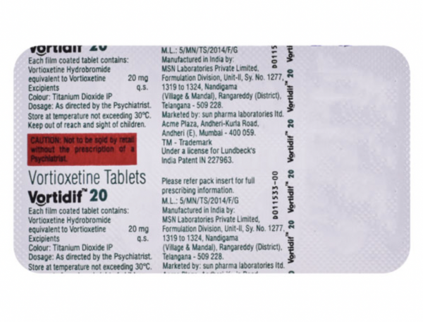 A strip of Vortioxetine (20mg) Tablet