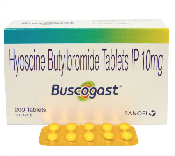 A box and strip of Hyoscine Butylbromide (10mg) Tablet