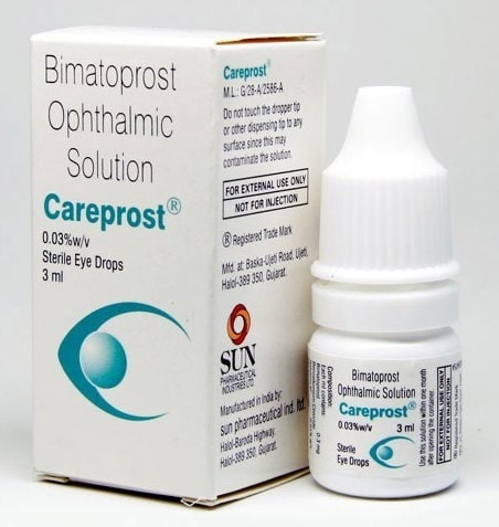 A box and a bottle of Generic Careprost ( Bimatoprost ) Eye Drops 0.03 3ml