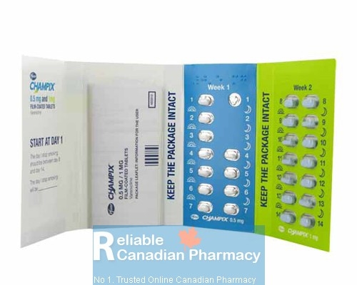 A blister strip pack of Chantix 1mg Tablets - Varenicline