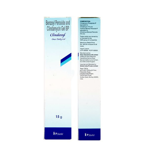 Box front and back of generic Benzoyl Peroxide (5%) + Clindamycin (1%) Gel