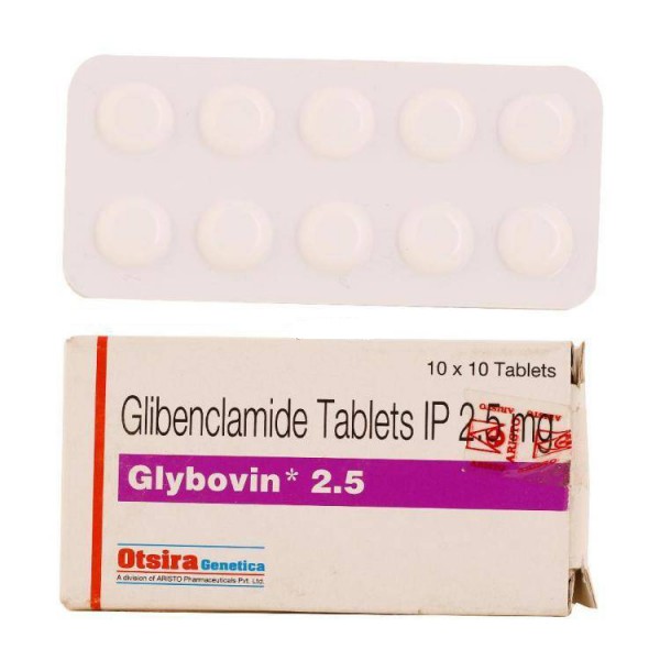 Box and blisters of generic Glyburide ( Glibenclamide 2.5mg tablets )