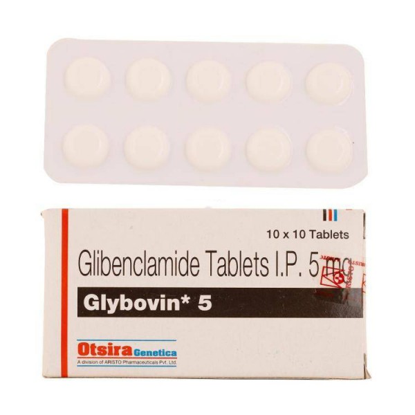 Box and blister of generic Glyburide ( Glibenclamide 5mg tablets )