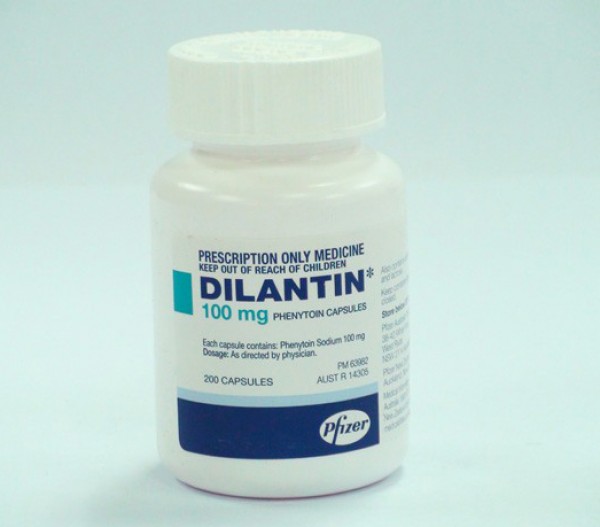 A bottle of Dilantin 100mg Capsules 