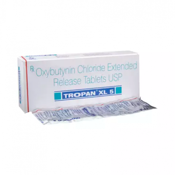 Box and blister of generic oxybutynin chloride 5mg tablets