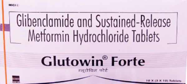 Box and blister of generic Glyburide (glibenclamide 5 mg), metformin 500 mg.