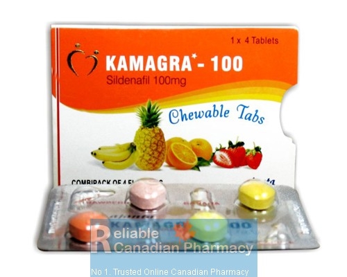 Box pack and blister strips of generic Kamagra Chewable Tablets 100mg